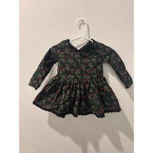 Girls Black Embroidered Holly Berry Christmas Dress Red Bow Long Sleeve Holiday